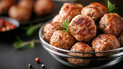 A tantalizing close-up of freshly cooked meatballs in a glass bowl, appealingly arranged and garnished, perfect for showcasing culinary skills and delicious home cooking.