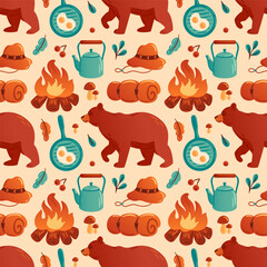 whimsical vector illustration features a charming camping pattern with bears, campfires, cooking utensils, and nature elements. Perfect for outdoor-themed projects and adventure designs.