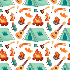This vibrant vector illustration showcases a playful camping pattern featuring tents, campfires, hiking boots, lanterns, and outdoor gear. Perfect for adventurous designs and nature-themed projects.