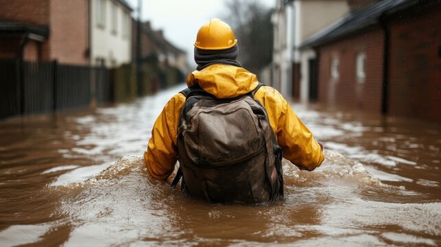 A person in a yellow raincoat wades through floodwaters, demonstrating resilience and bravery in the face of natural disasters within an urban environment.