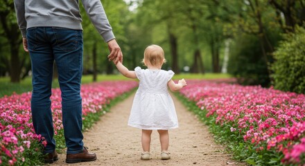 Father Holding Baby Girl's Hand While Walking Through Colorful Flower Garden