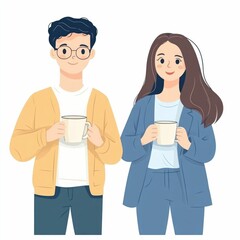 Fototapeta premium Cheerful Young Asian Couple Holding Coffee Mugs and Spending Time Together in Cozy Casual and Comfortable Lifestyle