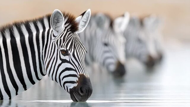 Zebra Drinking at Waterhole: A close-up of a zebra drinking from a waterhole, showcasing its distinctive black and white stripes. The focus is sharp on the zebra in the foreground.