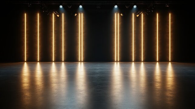 A spacious modern stage featuring striking vertical light beams on a dark background, creating a dramatic atmosphere perfect for performances or artistic presentations.