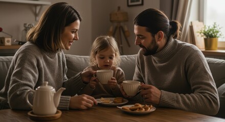 Happy Family Enjoying Tea Time Together at Home