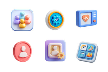 A collection of colorful 3D icons representing various technological concepts, including communication, health monitoring, and data analysis. Ideal for digital projects.