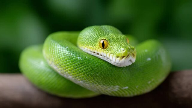 Emerald Embrace: A vibrant green tree python coils gracefully on a branch, its piercing eyes reflecting the lush green foliage.