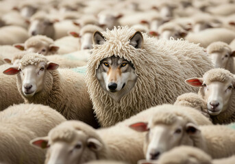 Wolf in sheep's clothing among a flock of sheep.