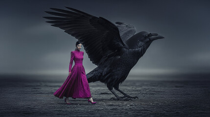 Woman in pink dress with giant raven.
