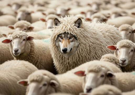 Wolf in sheep's clothing among a flock of sheep.