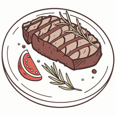 Delicious grilled steak on plate with rosemary and tomato slice, transparent background