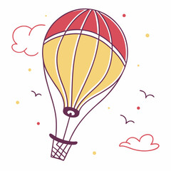 Naklejka premium Hot air balloon soaring through clouds birds sky
