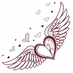 Ornate heart with wings and flying hearts romantic design