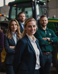Obraz premium Supervisor standing confidently in front of tractor wheels with team members