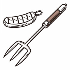 Grilled sausage and professional bbq fork illustration on white background