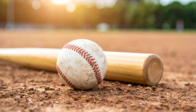 Leather baseball and wooden bat lying on the ground on baseball field. Professional active sport.
