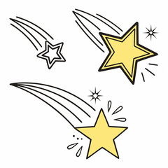 Three yellow shooting stars with clean edges on white background