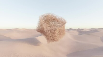 Organic 3D particle cloud moving chaotically across desert-toned landscape, abstract seamless animation with earthy minimal palette for conceptual backgrounds, futuristic design, and nature-inspired - Powered by Adobe