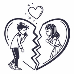 Sad couple separated broken heart illustration drawing