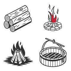 Campfire icons wood logs bonfire hot tub illustration