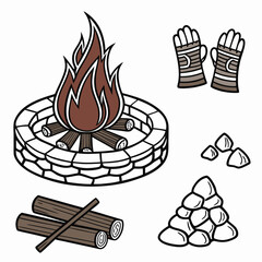 Campfire illustration with firewood logs stones and gloves