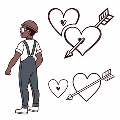 Stylish man back view with cupid arrows hearts illustration