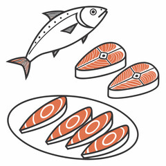 Fresh salmon fish whole and fillet steaks ready to cook