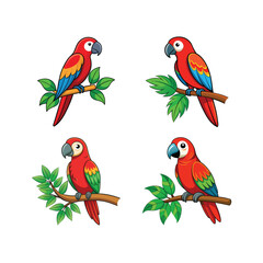 Red and Green Parrot Perched on Branch with Leaves