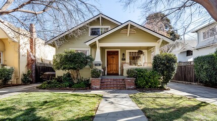 Charming Craftsman-style cottage with colorful facade and lush front yard, embodying cozy residential charm.
