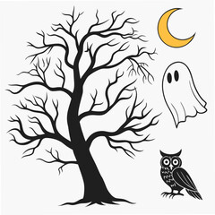 Halloween design elements: spooky tree, ghost, owl, moon, transparent png