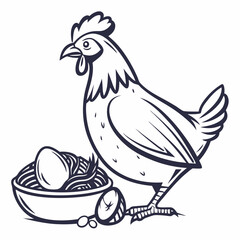 Hen with nest of eggs farm fresh poultry illustration