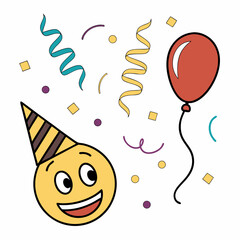 Happy emoji with party hat balloon confetti celebration