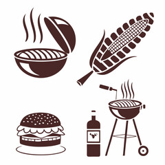 Delicious bbq grill icons set burger corn wine