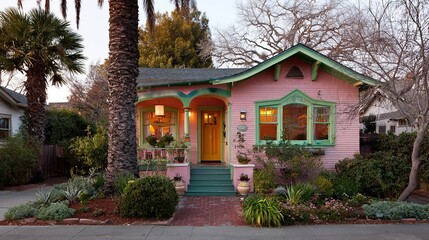 Fototapeta premium Charming Craftsman-style cottage with colorful facade and lush front yard, embodying cozy residential charm. 