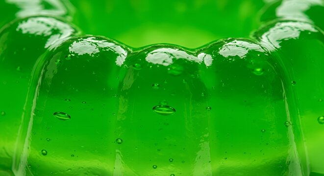 Vibrant Green Gelatin Dessert: Close-up Macro Photography of Air Bubbles in Jell-O