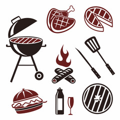 Delicious bbq grill icons set summertime food drink