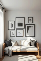 A serene Scandinavian living room featuring a curated gallery wall of minimalist art above a light wood sofa, creating a stylish and peaceful space.
