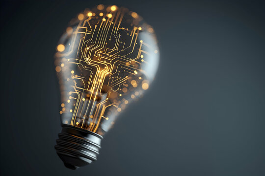 A glowing light bulb with intricate circuit board patterns inside, symbolizing innovation and technology.