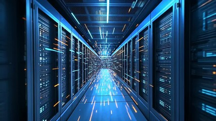 Futuristic server room with glowing data streams, showcasing technology and digital innovation - Powered by Adobe