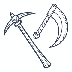 Grim reaper scythe and pickaxe halloween illustration