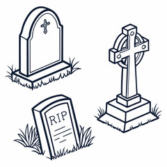 Three isometric gravestones cemetery headstones rip cross