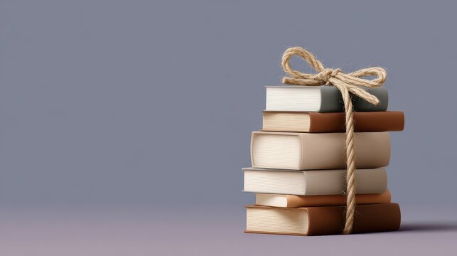 Stack of Vintage Books Tied with Twine on Purple Background