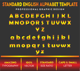 English Alphabet template with capital and small letters, standard vector gradients letters, english letters for children's book and school, golden letters