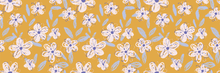 Seamless vector pattern with abstract flowers and leaves on a mustard yellow background. Hand drawn crayon texture floral. Template for design, ornament, cover, summer decor, stationary, fabric