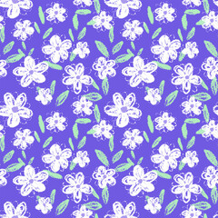 Obraz premium Seamless vector pattern with crayon style flowers and leaves on a violet, purple background. Playful and vivid design for kids, textiles, wrapping paper, summer and spring themes