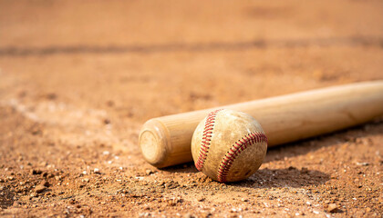 Leather baseball and wooden bat lying on the ground on baseball field. Professional active sport.