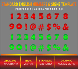English Numbers and signs template with gradients letters, standard vector letters, english letters for children's book and school, red green letters