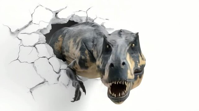 Angry dinosaur breaking through white wall