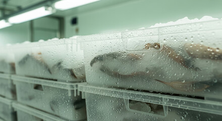 Freshly caught fish in transparent plastic containers covered with condensation and ice in a cold storage facility