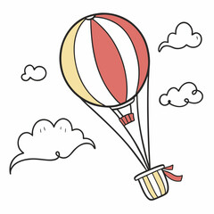Cute cartoon hot air balloon flying high clouds